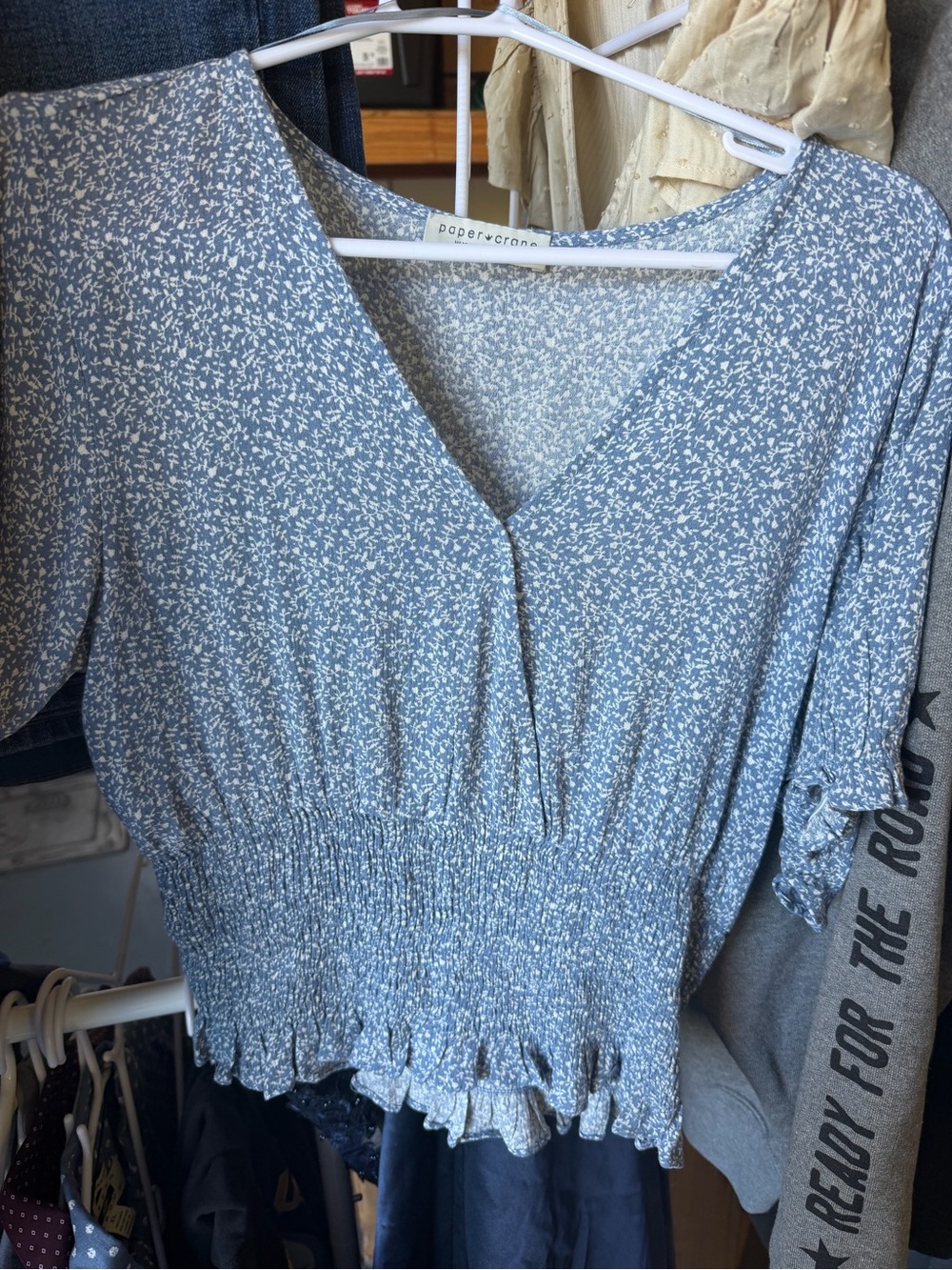 Paper Crane Dusty Blue Floral Smocked V-Neck Blouse
